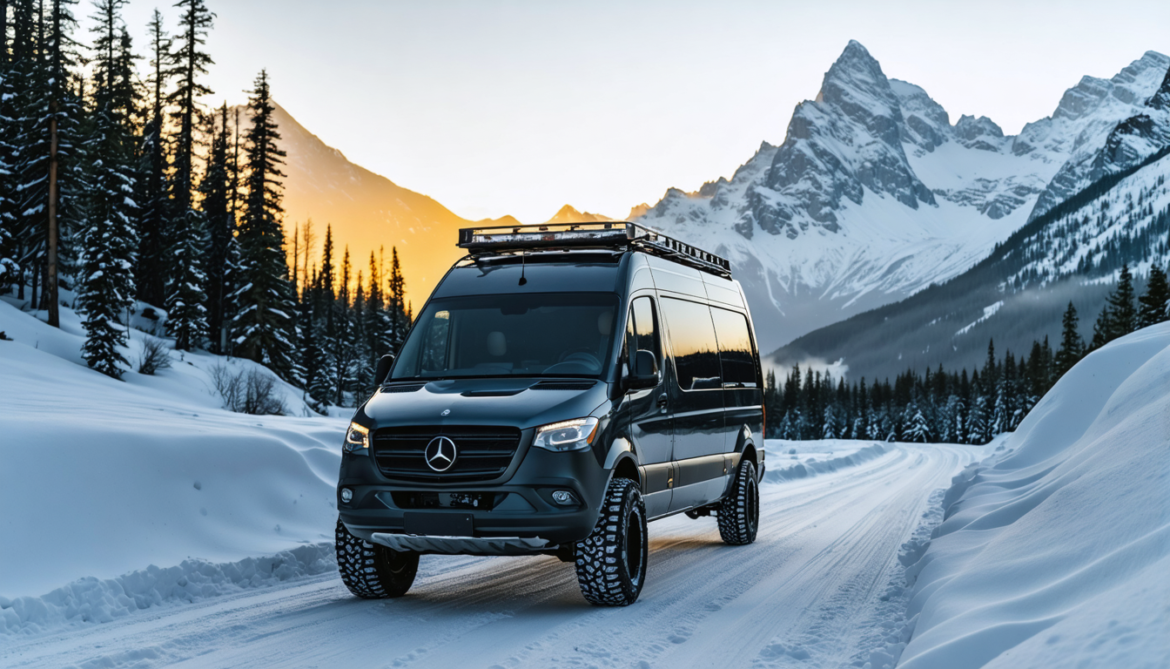 A rugged 4x4 Sprinter van with oversized tires parked in snowy Rocky Mountains at sunset, ready for winter adventures.